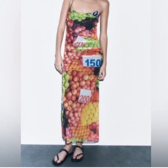 New Zara Colorful Fruit Print Backless Dress - Picture 6 of 12